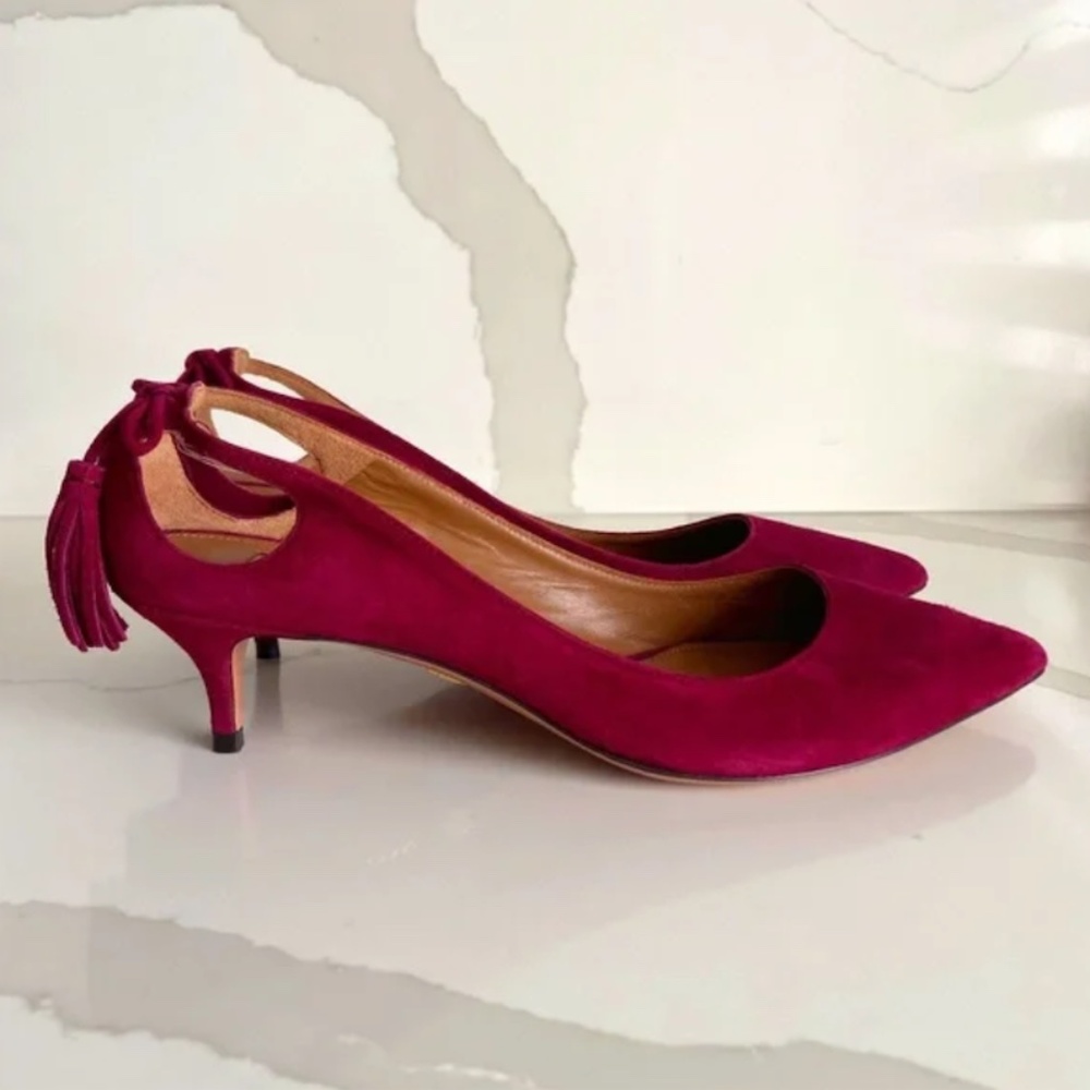 AQUAZURRA FOREVER MARILYN PUMP 45 SUEDE BURGUNDY WINE TASSEL WEDDING CORPORATE